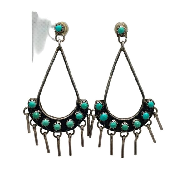 Vintage Zuni Snake Eye Turquoise Dangle Chandelier Earrings Sterling Silver - Picture 1 of 5